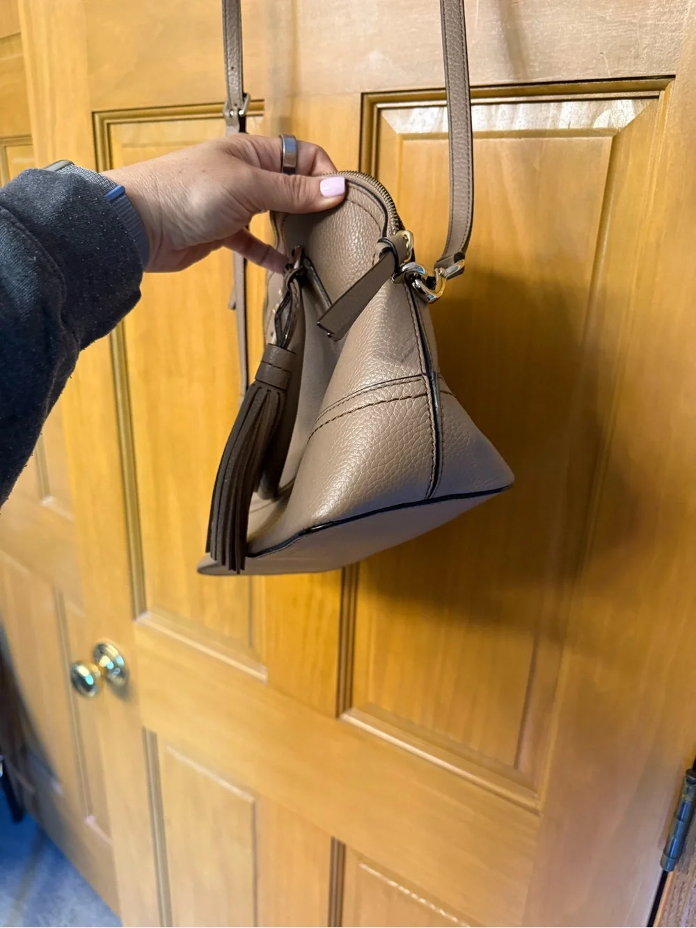 kate spade McCall Street Carli taupe pebbled leather dome tassel satchel